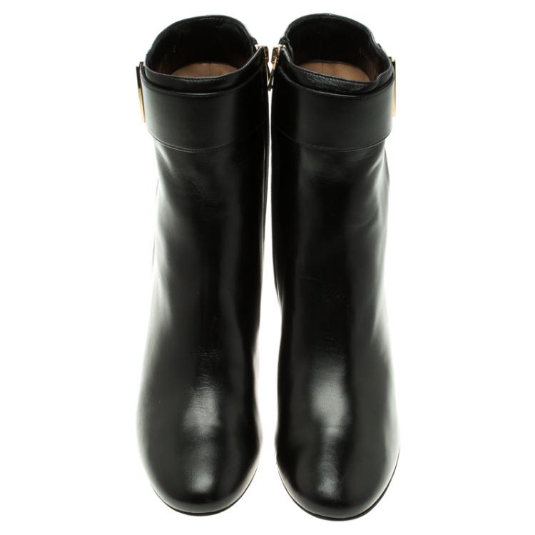 Pre Owned Salvatore Ferragamo Black Leather Fiamma Ankle Boots Size 39.5