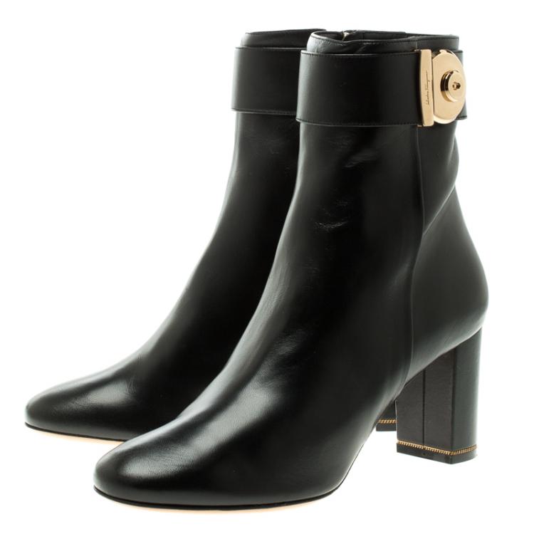 Pre Owned Salvatore Ferragamo Black Leather Fiamma Ankle Boots Size 39.5