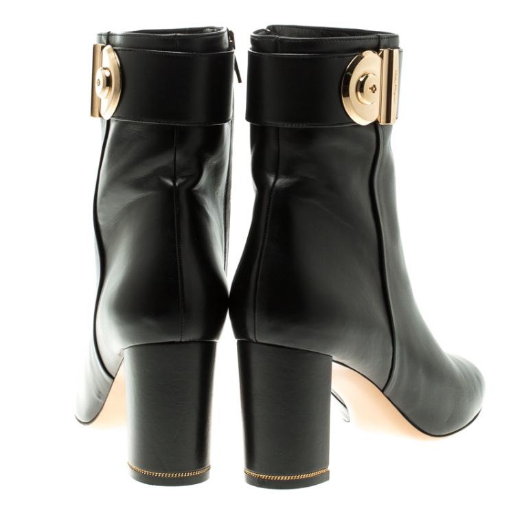 Pre Owned Salvatore Ferragamo Black Leather Fiamma Ankle Boots Size 39.5