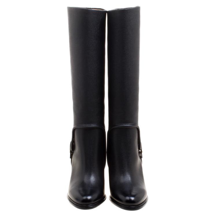 Pre Owned Salvatore Ferragamo Black Pebbled Leather Flavius Block Heel Tall Boots Size 37
