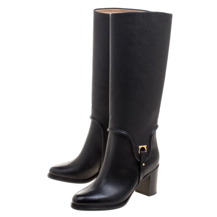 Pre Owned Salvatore Ferragamo Black Pebbled Leather Flavius Block Heel Tall Boots Size 37
