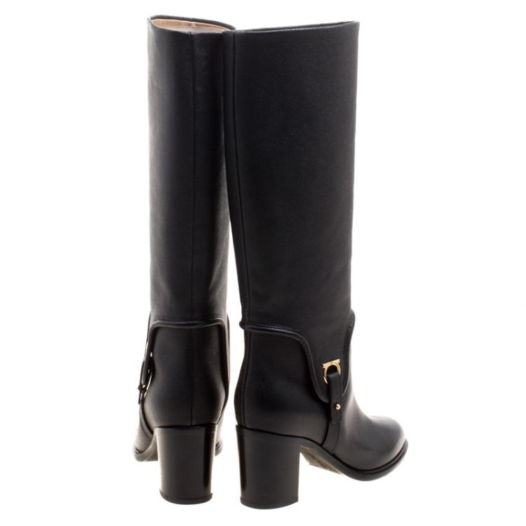 Pre Owned Salvatore Ferragamo Black Pebbled Leather Flavius Block Heel Tall Boots Size 37