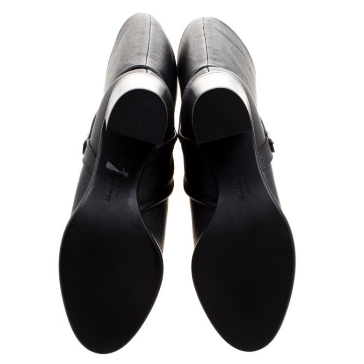 Pre Owned Salvatore Ferragamo Black Pebbled Leather Flavius Block Heel Tall Boots Size 37