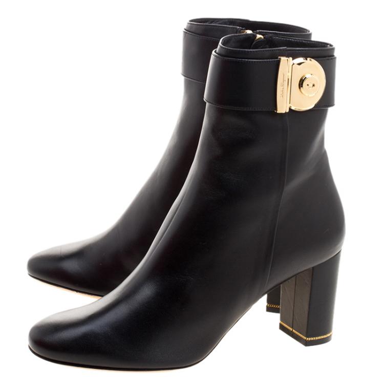 Pre Owned Salvatore Ferragamo Black Leather Fiamma Ankle Boots Size 39.5