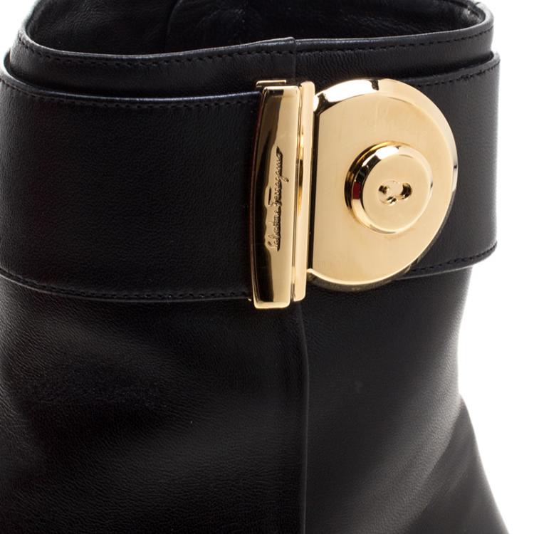 Pre Owned Salvatore Ferragamo Black Leather Fiamma Ankle Boots Size 39.5