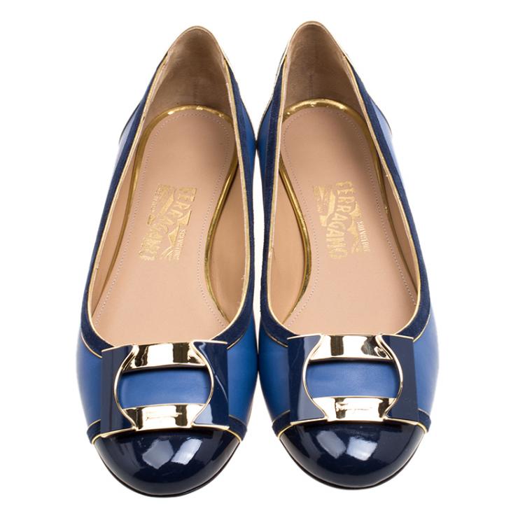 Pre Owned Salvatore Ferragamo Blue Leather And Suede Missy Ballet Flats Size 39.5