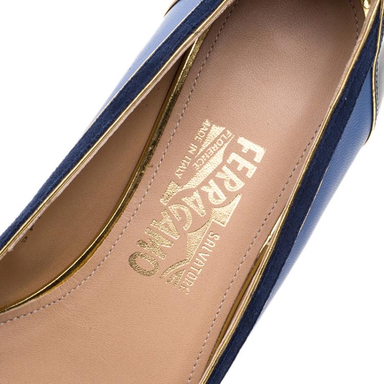 Pre Owned Salvatore Ferragamo Blue Leather And Suede Missy Ballet Flats Size 39.5