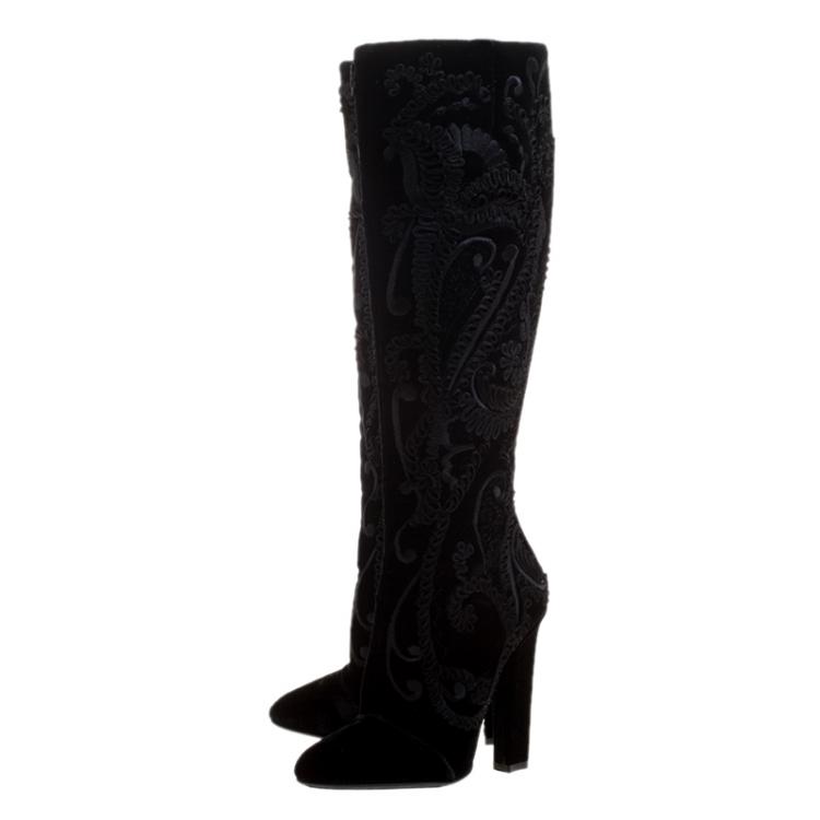 Pre Owned Salvatore Ferragamo Black Cord Embroidered Velvet Knee Boots Size 37