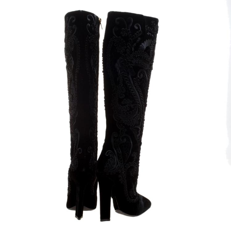 Pre Owned Salvatore Ferragamo Black Cord Embroidered Velvet Knee Boots Size 37