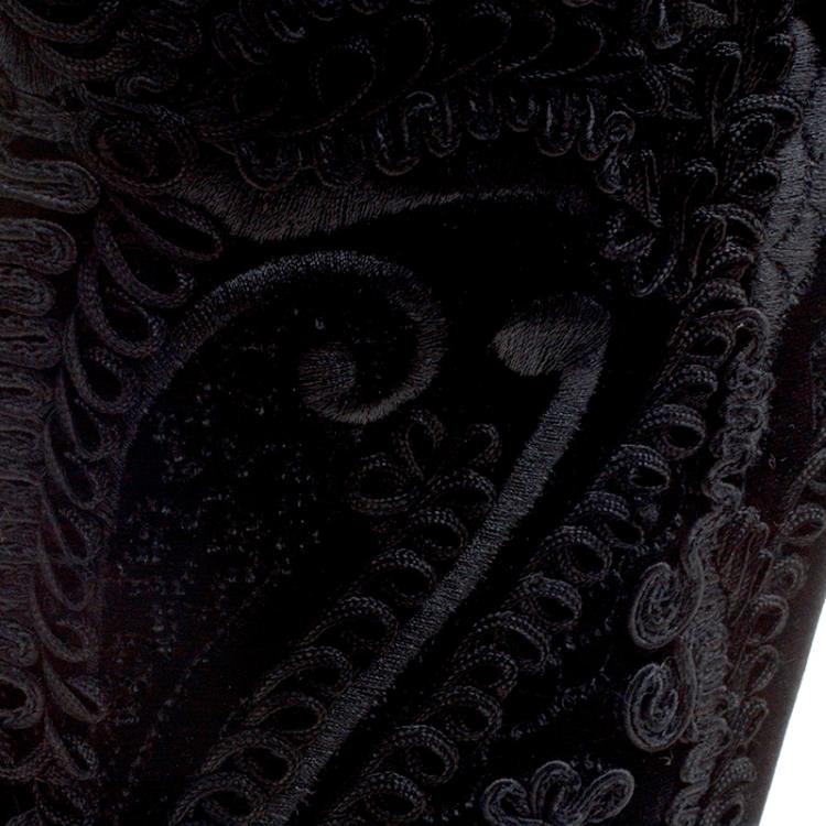 Pre Owned Salvatore Ferragamo Black Cord Embroidered Velvet Knee Boots Size 37