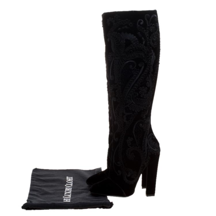 Pre Owned Salvatore Ferragamo Black Cord Embroidered Velvet Knee Boots Size 37