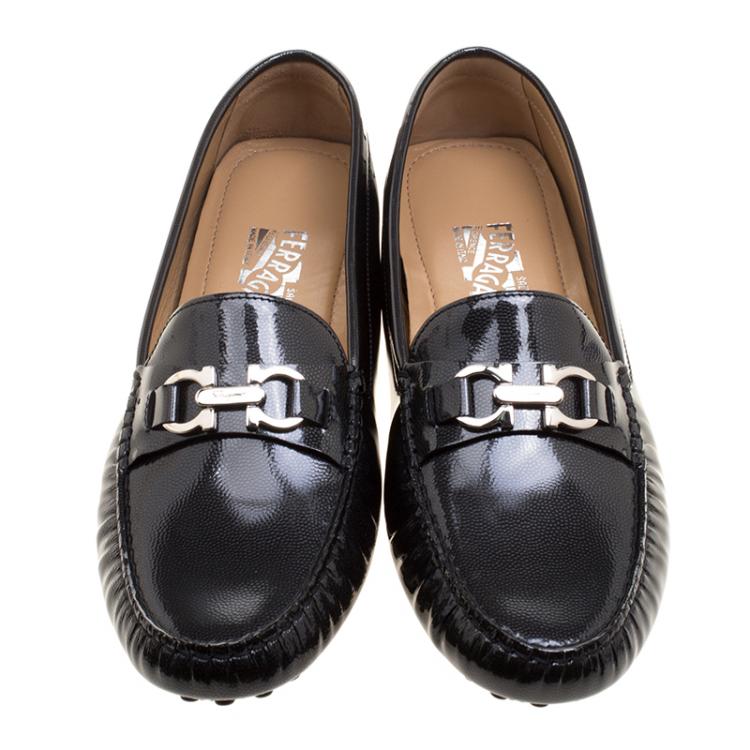 Pre Owned Salvatore Ferragamo Black Patent Pebbled Leather Saba Loafers Size 41.5
