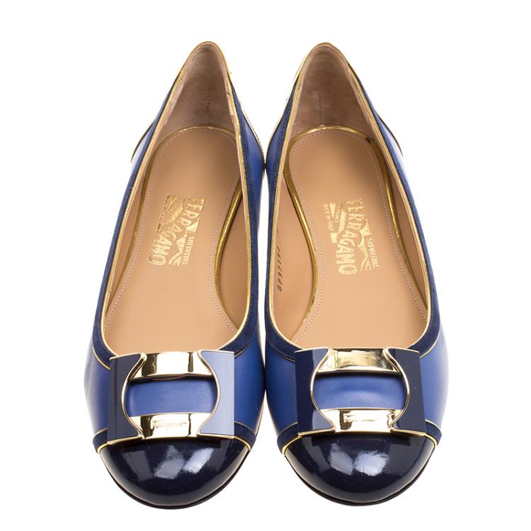 Pre Owned Salvatore Ferragamo Blue Leather And Suede Missy Ballet Flats Size 40.5