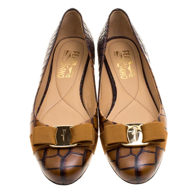 Pre Owned Salvatore Ferragamo Copper Brown Embossed Alligator Leather Varina Ballet Flats Size 38