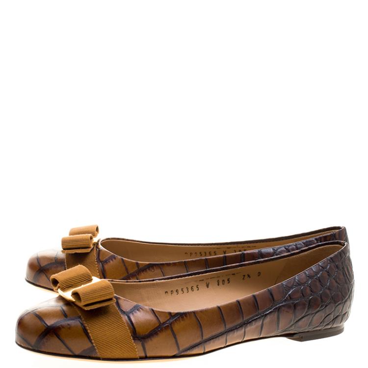 Pre Owned Salvatore Ferragamo Copper Brown Embossed Alligator Leather Varina Ballet Flats Size 38