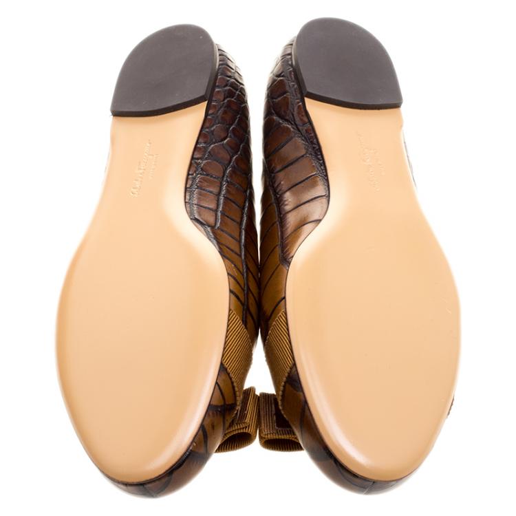 Pre Owned Salvatore Ferragamo Copper Brown Embossed Alligator Leather Varina Ballet Flats Size 38