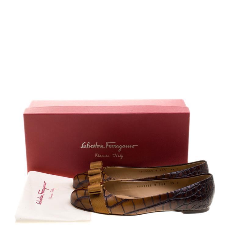 Pre Owned Salvatore Ferragamo Copper Brown Embossed Alligator Leather Varina Ballet Flats Size 38