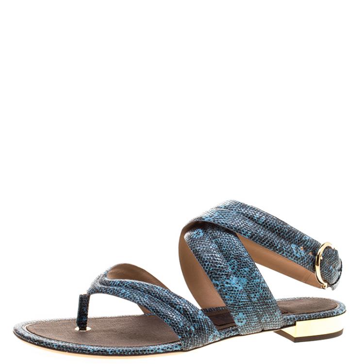 Pre Owned Salvatore Ferragamo Blue Lizard Embossed Leather Magritta Cross Strap Flat Thong Sandals Size 39