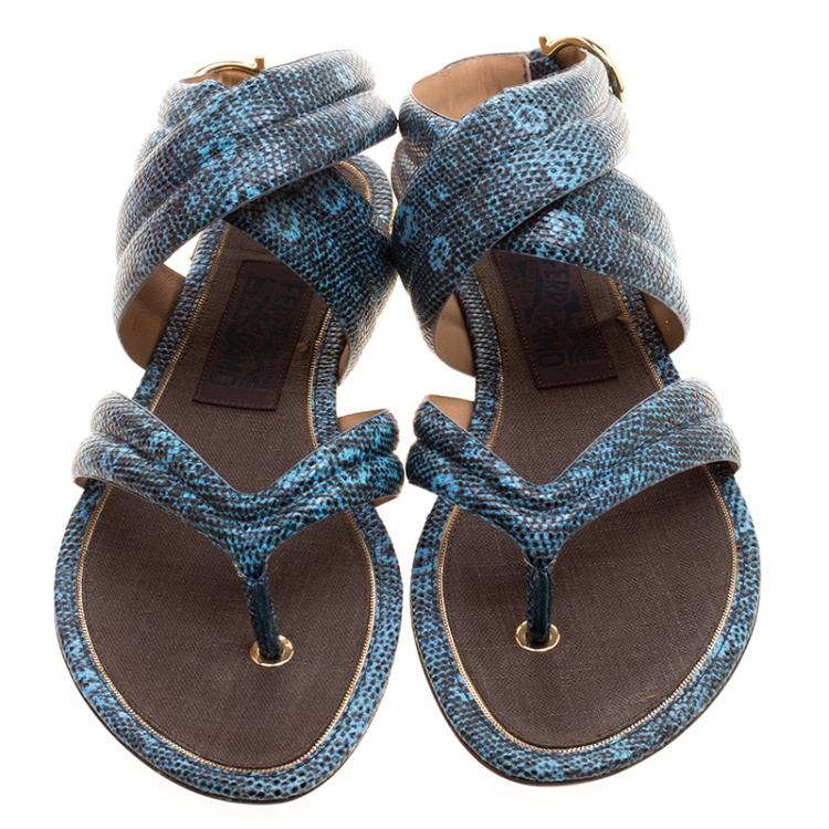 Pre Owned Salvatore Ferragamo Blue Lizard Embossed Leather Magritta Cross Strap Flat Thong Sandals Size 39
