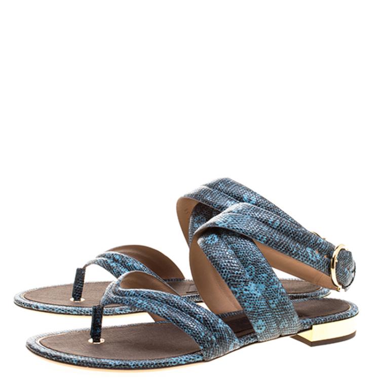 Pre Owned Salvatore Ferragamo Blue Lizard Embossed Leather Magritta Cross Strap Flat Thong Sandals Size 39
