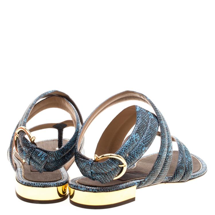 Pre Owned Salvatore Ferragamo Blue Lizard Embossed Leather Magritta Cross Strap Flat Thong Sandals Size 39
