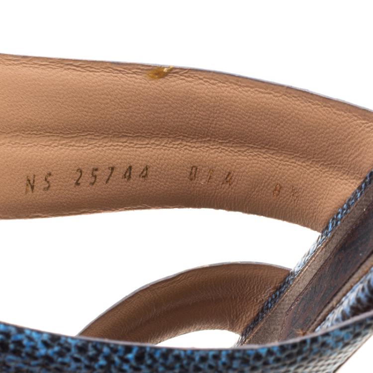 Pre Owned Salvatore Ferragamo Blue Lizard Embossed Leather Magritta Cross Strap Flat Thong Sandals Size 39