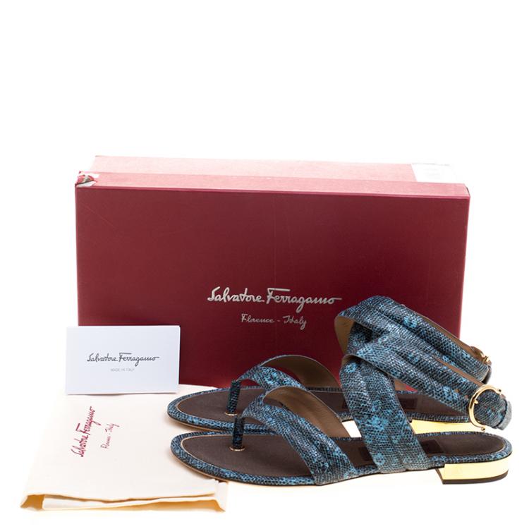 Pre Owned Salvatore Ferragamo Blue Lizard Embossed Leather Magritta Cross Strap Flat Thong Sandals Size 39