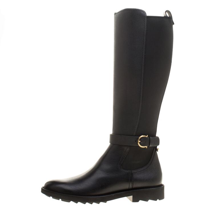 Pre Owned Salvatore Ferragamo Black Leather and Fabric Furseo Boots
