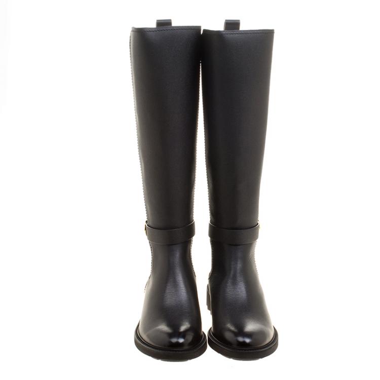 Pre Owned Salvatore Ferragamo Black Leather and Fabric Furseo Boots