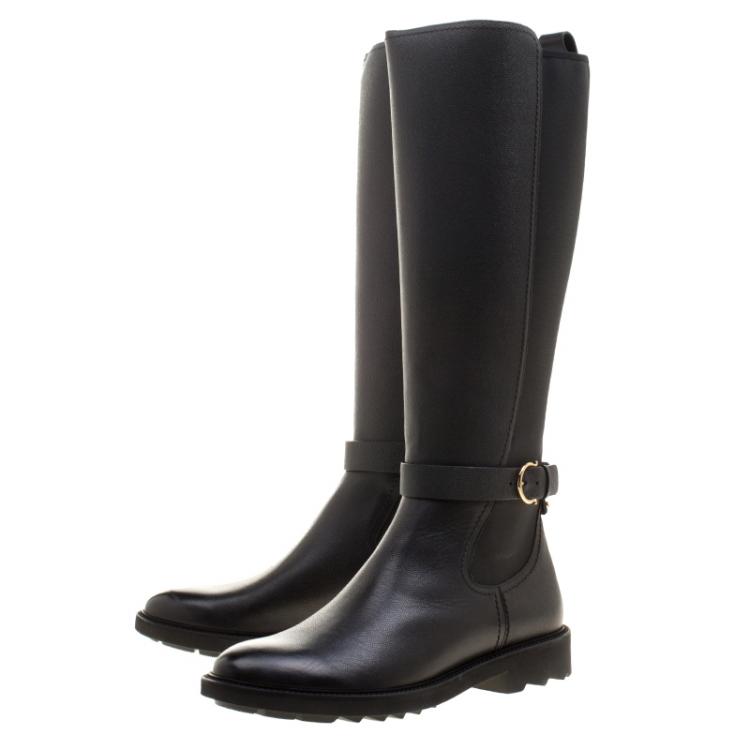 Pre Owned Salvatore Ferragamo Black Leather and Fabric Furseo Boots