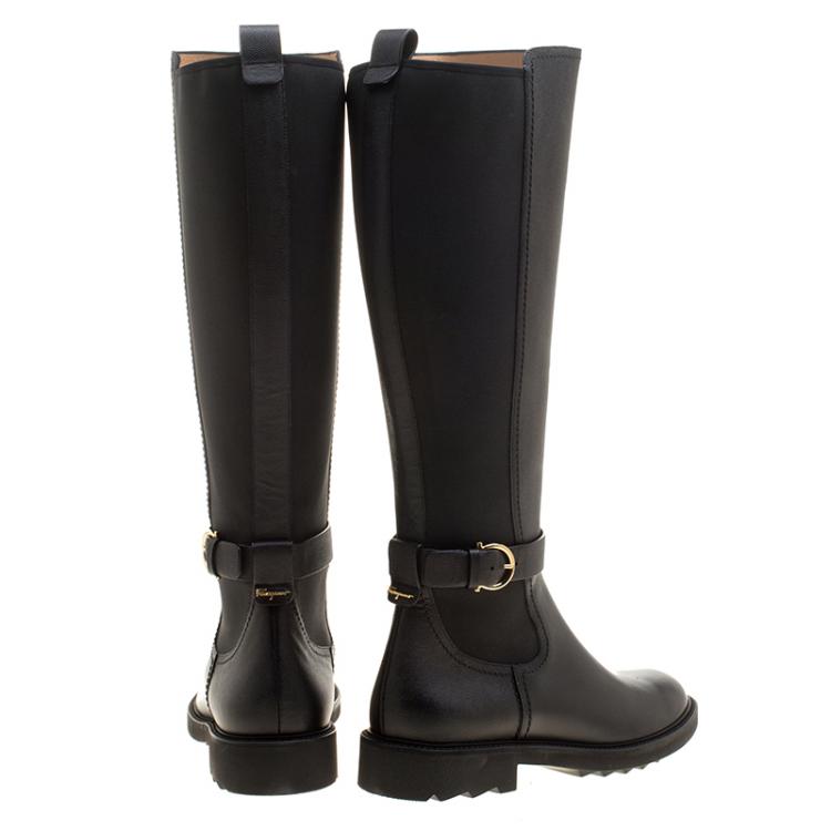 Pre Owned Salvatore Ferragamo Black Leather and Fabric Furseo Boots