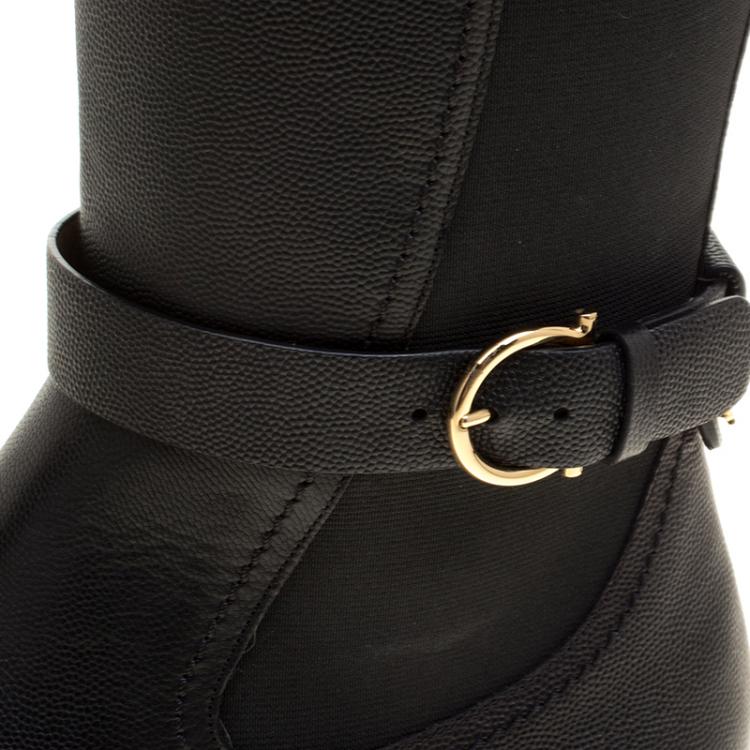 Pre Owned Salvatore Ferragamo Black Leather and Fabric Furseo Boots