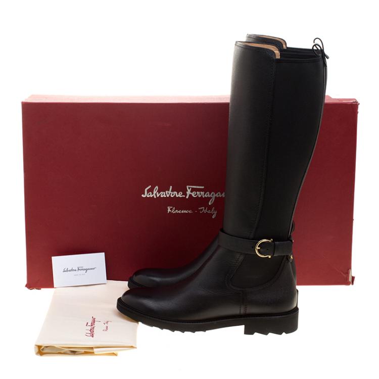 Pre Owned Salvatore Ferragamo Black Leather and Fabric Furseo Boots