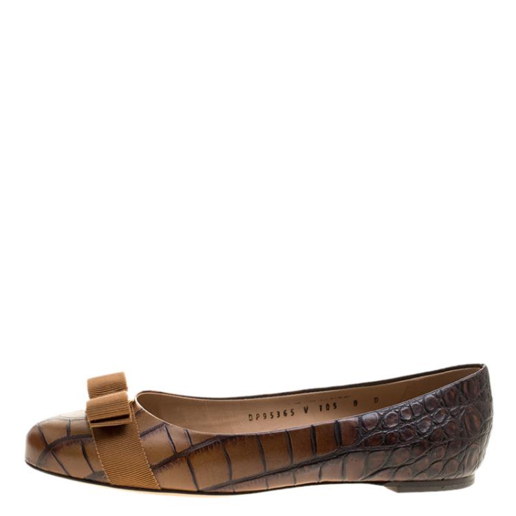 Pre Owned Salvatore Ferragamo Brown Ombre Alligator Embossed Leather Varina Ballet Flats Size 38.5