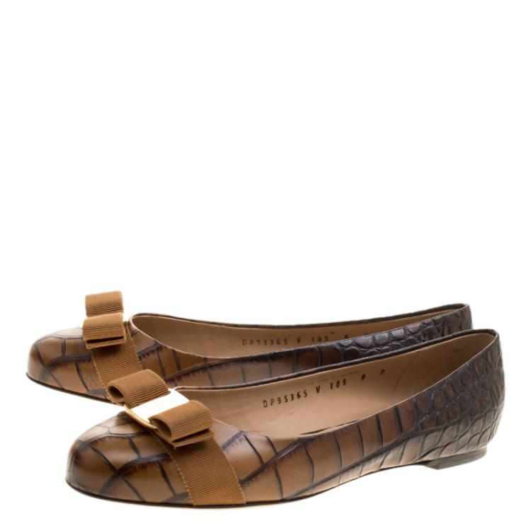 Pre Owned Salvatore Ferragamo Brown Ombre Alligator Embossed Leather Varina Ballet Flats Size 38.5