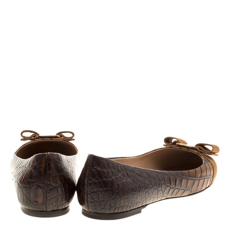 Pre Owned Salvatore Ferragamo Brown Ombre Alligator Embossed Leather Varina Ballet Flats Size 38.5