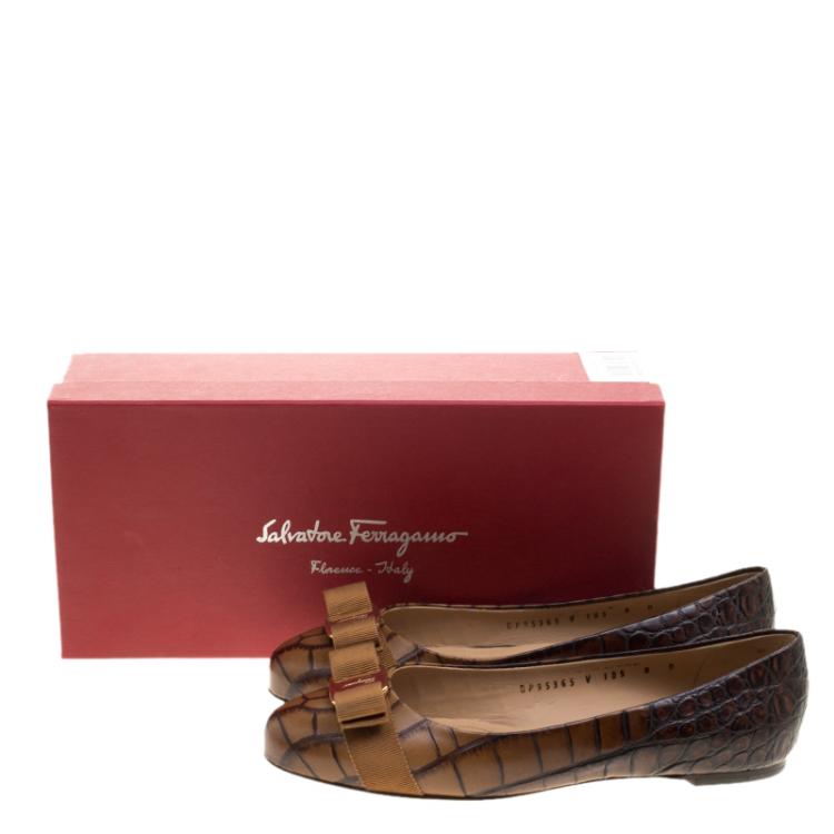 Pre Owned Salvatore Ferragamo Brown Ombre Alligator Embossed Leather Varina Ballet Flats Size 38.5