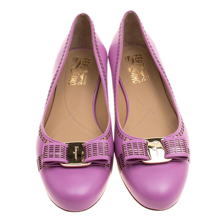Pre Owned Salvatore Ferragamo Lilac Purple Leather Vara Ballet Flats Size 40.5