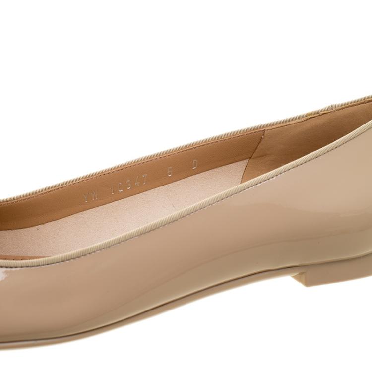 Pre Owned Salvatore Ferragamo Beige Patent Leather Fiocco Bow Ballet Flats Size 35.5