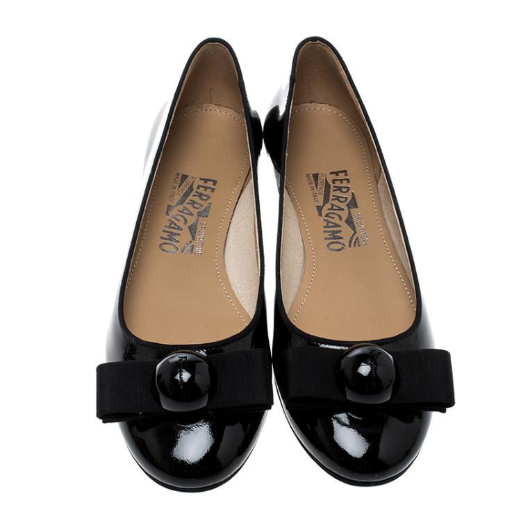 Pre Owned Salvatore Ferragamo Black Patent Leather Fiocco Bow Ballet Flats Size 35.5