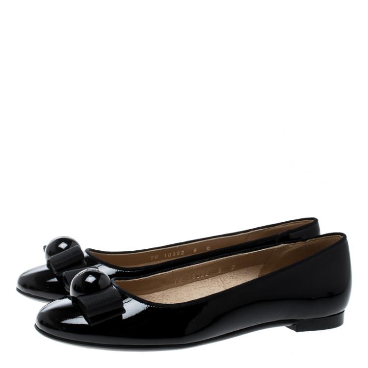 Pre Owned Salvatore Ferragamo Black Patent Leather Fiocco Bow Ballet Flats Size 35.5