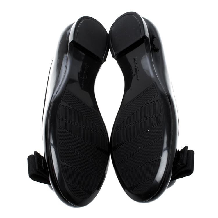 Pre Owned Salvatore Ferragamo Black Patent Leather Fiocco Bow Ballet Flats Size 35.5