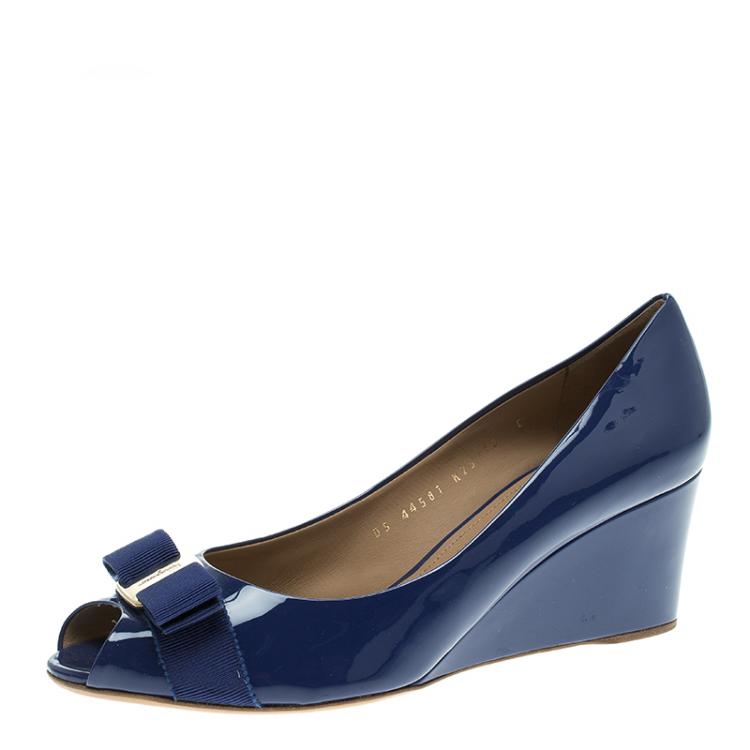 Salvatore Ferragamo Indigo Blue Patent Leather Sissi Bow