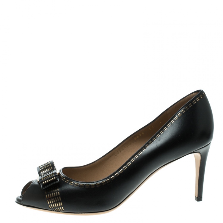 Salvatore Ferragamo Black Leather Pola New Bisque Peep Toe Pumps