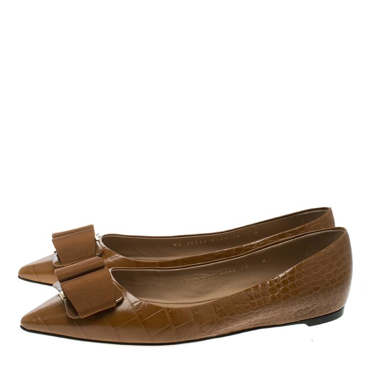 Pre Owned Salvatore Ferragamo Brown Croc Embossed Leather Mimi Pointed Toe Flats Size 40.5