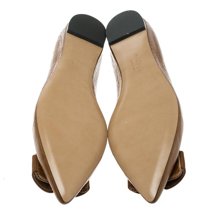 Pre Owned Salvatore Ferragamo Brown Croc Embossed Leather Mimi Pointed Toe Flats Size 40.5
