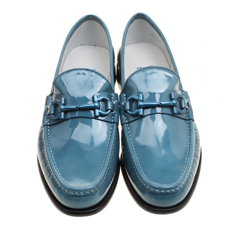 Pre Owned Salvatore Ferragamo Women Teal Patent Leather Mason Gancio Bit Loafers Size 40.5