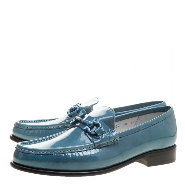Pre Owned Salvatore Ferragamo Women Teal Patent Leather Mason Gancio Bit Loafers Size 40.5