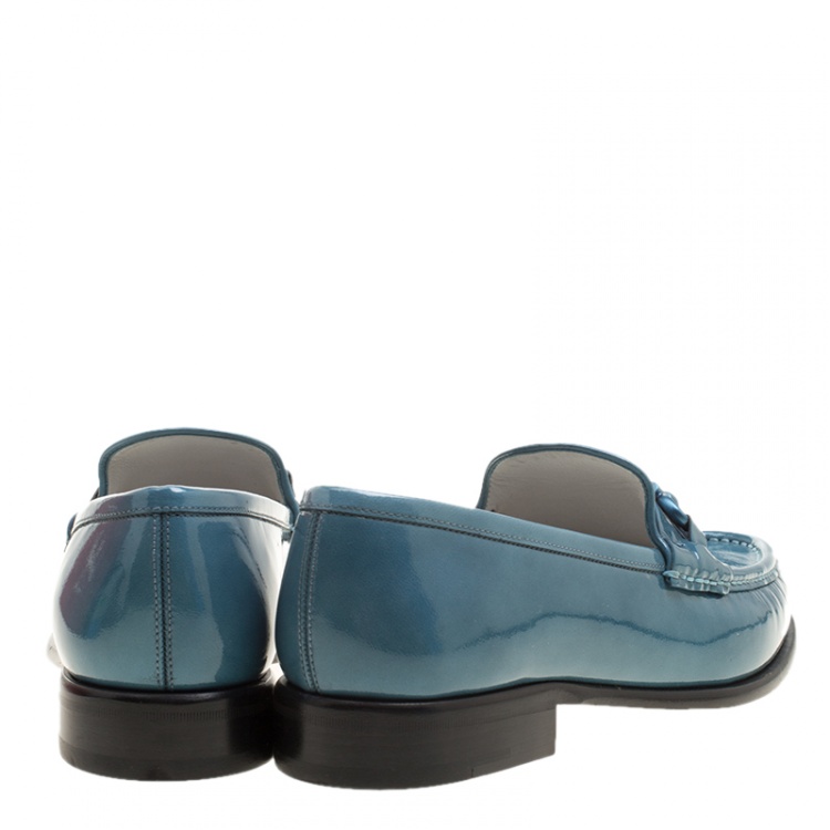 Pre Owned Salvatore Ferragamo Women Teal Patent Leather Mason Gancio Bit Loafers Size 40.5