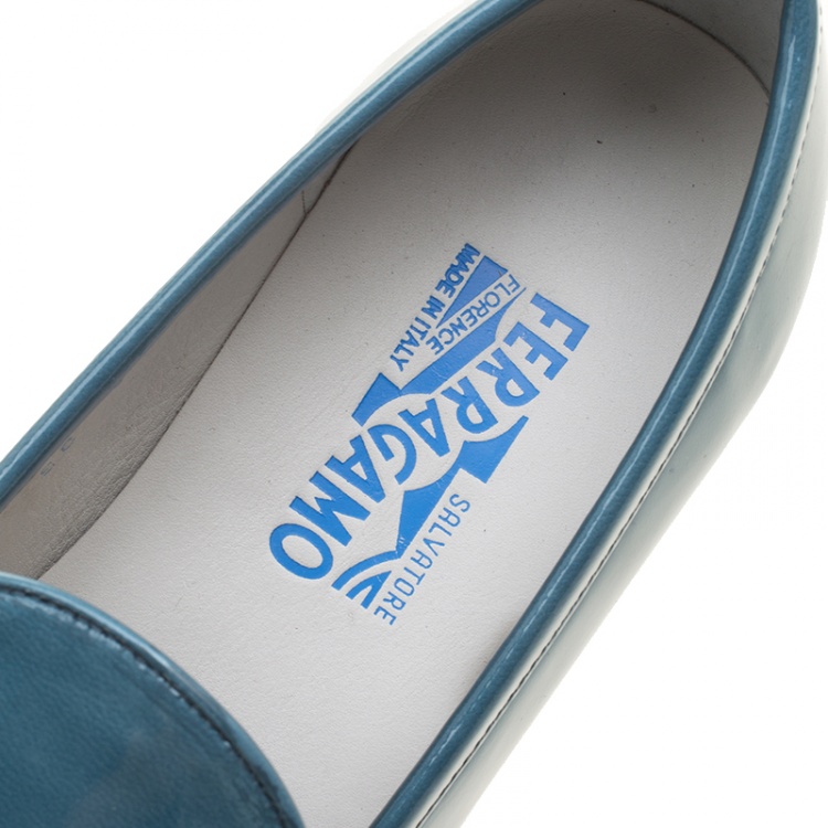Pre Owned Salvatore Ferragamo Women Teal Patent Leather Mason Gancio Bit Loafers Size 40.5